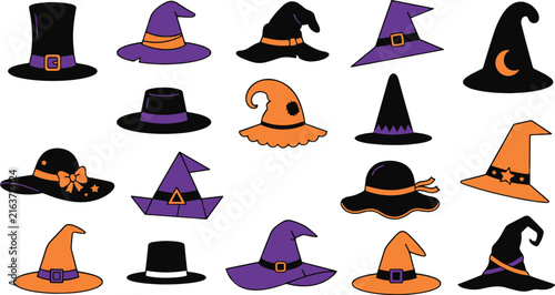 Halloween witch hat set vector icon collection magic wizard cap isolated spooky party graphic illustration