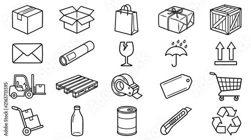Shipping and Delivery Icons Set. Logistics packaging, transportation symbols line art.