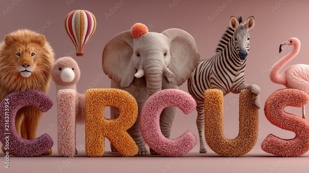 Naklejka premium Whimsical Circus Scene with Animals and Text.