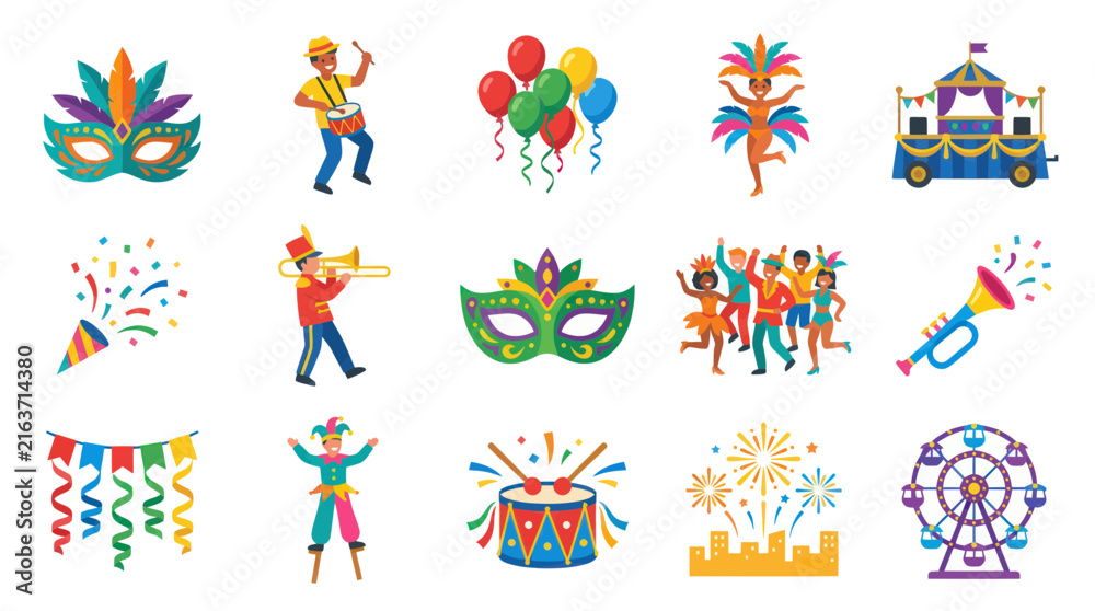 Fototapeta premium Flat Style Carnival Icons: Masks, Dancers, Trumpet, Drums, Fireworks