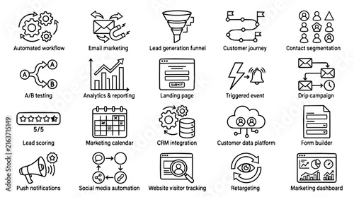 Marketing automation line icon set with business and technology symbols.