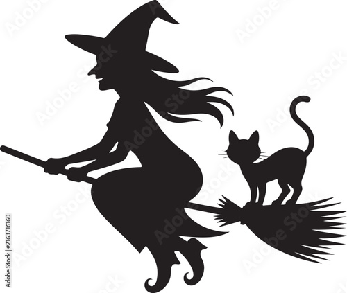 Foto Cartoon witch flying on a broomstick with a black cat for Halloween celebration design
