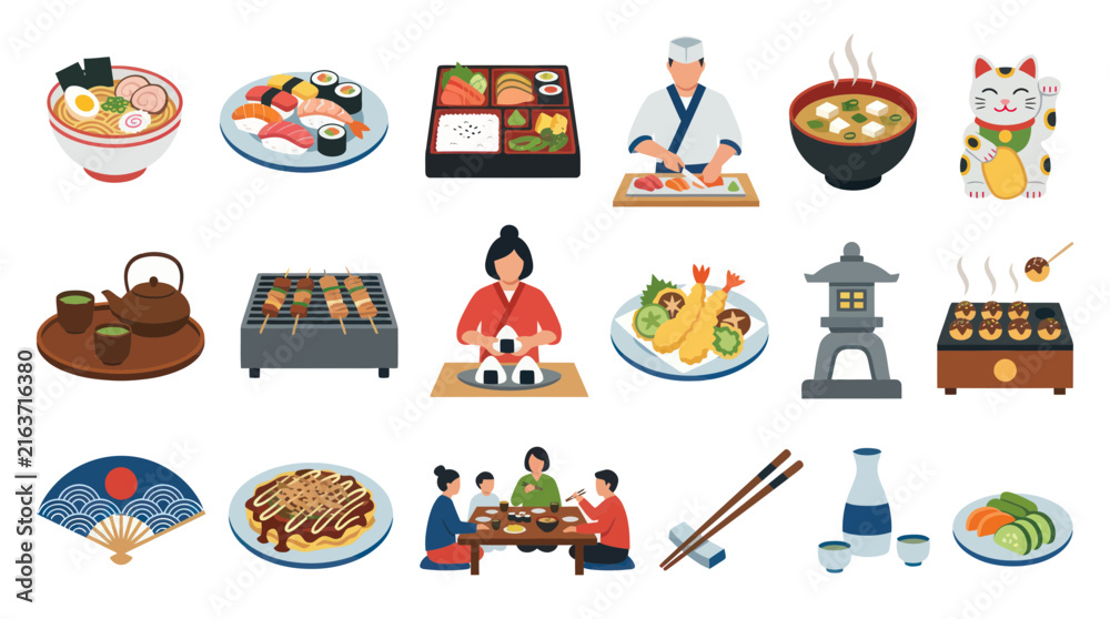 Fototapeta premium Japanese Food and Culture Flat Vector Icons Set. Asian Cuisine, Restaurant, Sushi, Ramen, Bento Box Illustrations