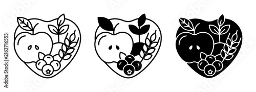 Heart-shaped icons featuring apples, berries, and wheat stalks, representing healthy food and organic ingredients, available in outline and solid black vector formats.