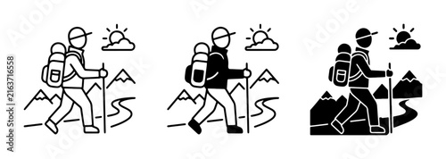 Hiking Icon Set, Mountain Trekker Silhouette, Outdoor Adventure Graphics, Summertime Journey Vector Art