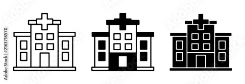 Hospital Building Icons, Medical Facility Vector Graphics, Healthcare Clinic Symbols, Set of Hospital Building Illustrations