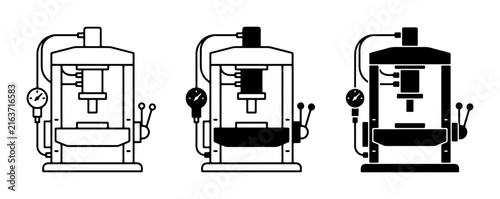 Hydraulic Press Icons, Industrial Machine Vector Graphics, Manufacturing Equipment Set