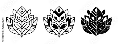 Abstract Floral Emblem, Stylized Botanical Icon, Geometric Leaf Motif, Decorative Ornament, Vector Art Set