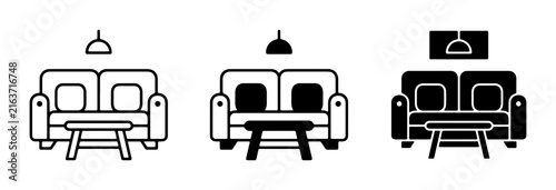 Living Room Icons Set: Sofa, Coffee Table, Pendant Lamp, Wall Art, Line Art, Silhouette, Interior Design Elements