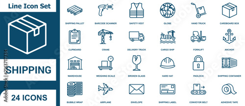 Set of twenty four shipping and logistics line icons for business and delivery services