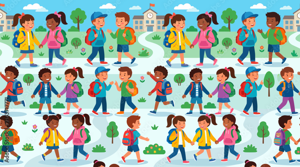 Fototapeta premium Diverse Children Walking to School Seamless Pattern Illustration