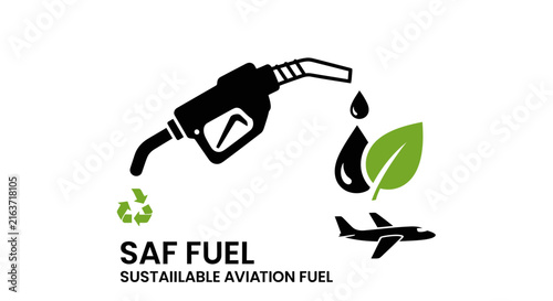 Sustainable Aviation Fuel graphic with airplane and leaf icon.