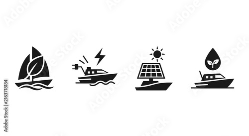 Sustainable maritime transport icons including solar and electric powered boats.