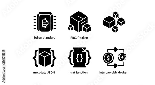 Technical blockchain icons for tokens and smart contracts.