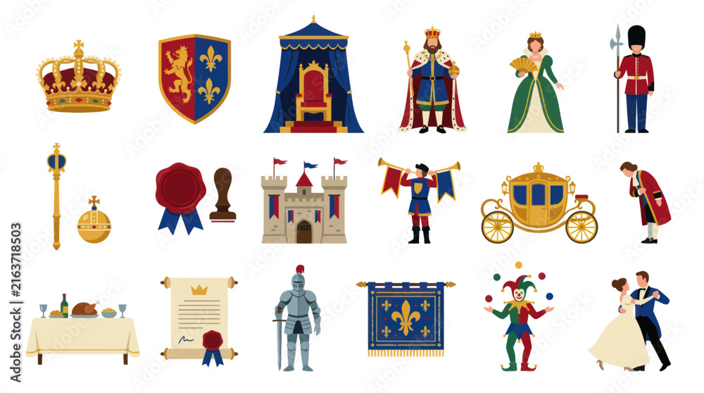 Fototapeta premium Flat Vector Illustration of Royal and Medieval Symbols, Characters, and Fantasy Elements