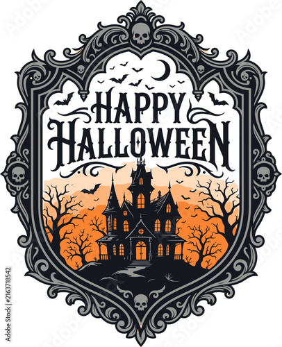 Haunted house with spooky trees during a Halloween night with bats and skulls in decorative frame