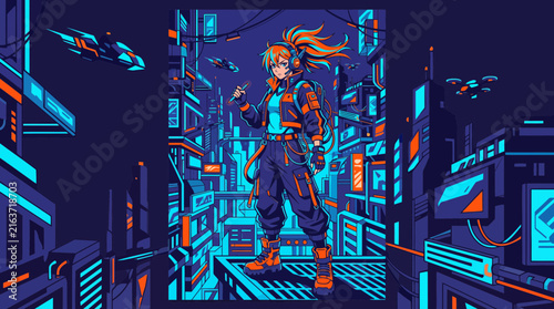 Futuristic Cyberpunk Girl Standing in a Neon Sci-Fi Cityscape Art