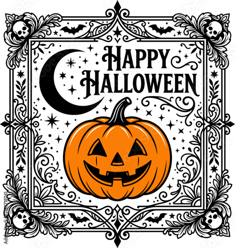 Jack-o-lantern with moon and ornate border celebrating Halloween during a starry night