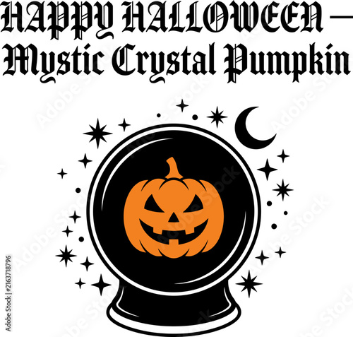 Jack-o-lantern within a crystal ball surrounded by stars and a crescent moon for Halloween