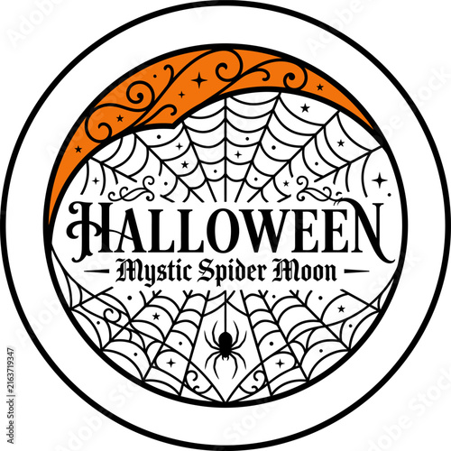 Mystic Halloween spider moon with cobwebs and ornate swirls on a dark background for seasonal celebrations