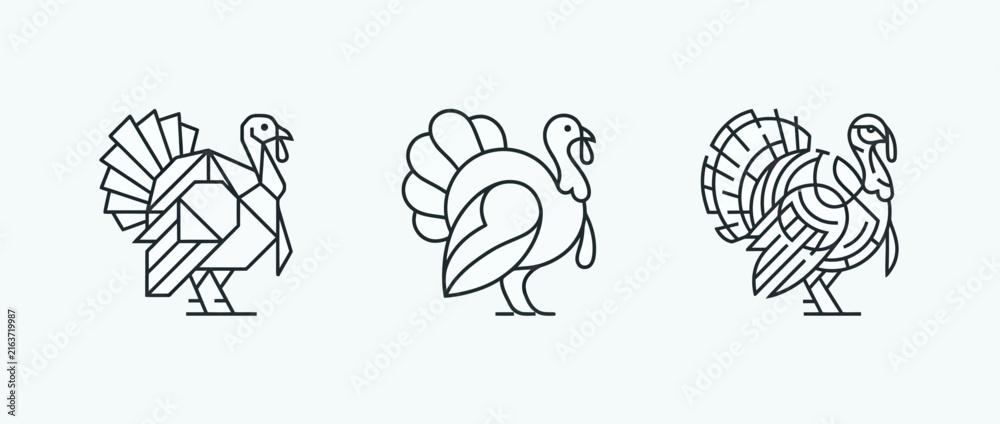 Obraz premium Three minimalist line art turkey illustrations on white background