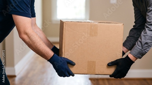 Two professional movers carrying a heavy cardboard box indoors