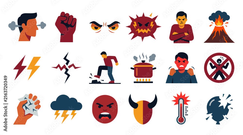 Fototapeta premium Flat Design Icons of Anger and Rage Expressions, Emotions, and Symbols