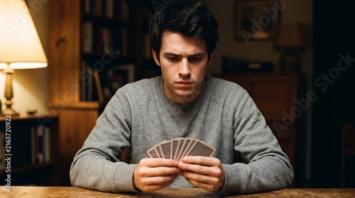 Young man concentrating on playing cards in a cozy room