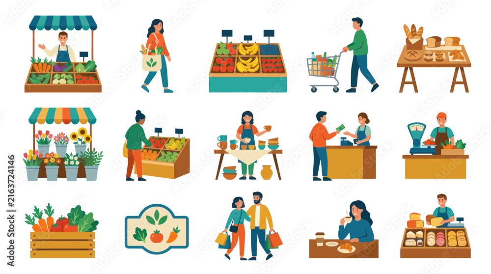 Naklejka premium Flat Vector Illustration of Diverse People at a Farmers Market, Selling and Buying Produce, Flowers, and Baked Goods