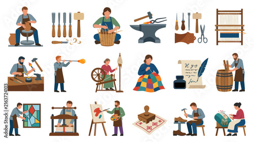 Traditional Crafts and Artisans Flat Vector Illustration Set: Handmade Professions, Hobbies, Tools and Workers