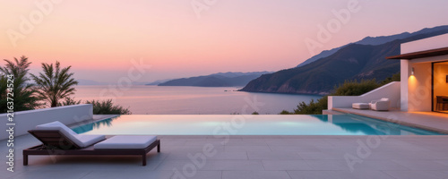 Modern villa infinity pool sunset sea mountain view with lounge chair and palm tree in luxury vacation home