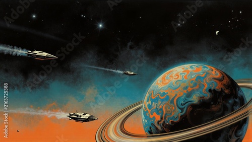 Spacecraft soar past a vibrant, ringed planet under starry skies.