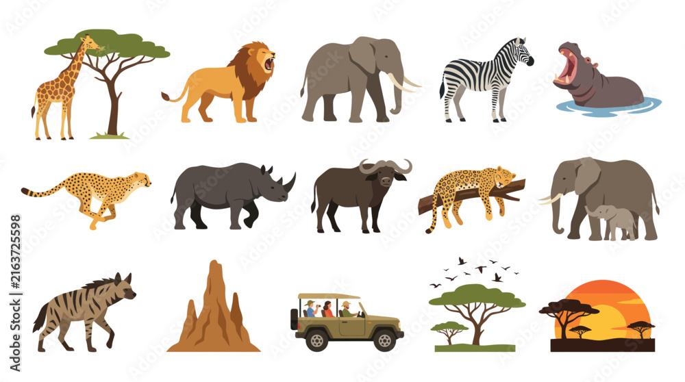 Naklejka premium Flat Vector Safari Animals and Landscape in African Savanna Style