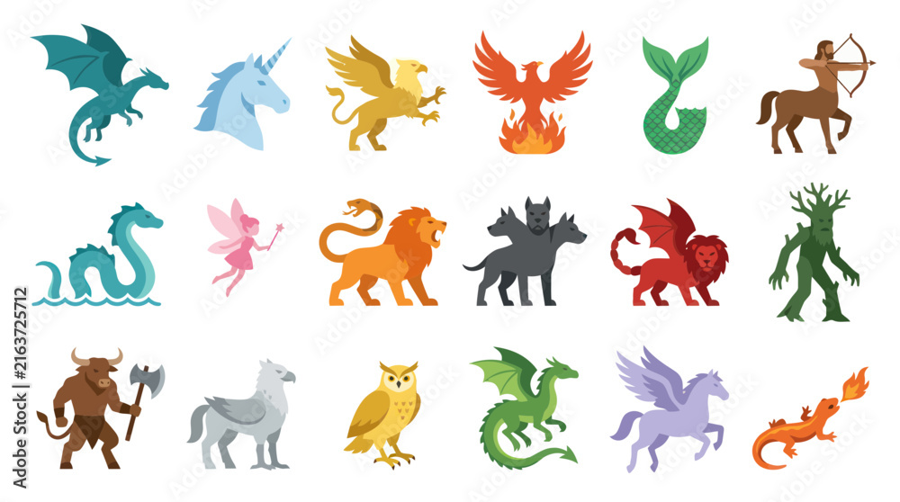Obraz premium Fantasy Mythology Flat Vector Set of Mythical Creatures and Legendary Beings