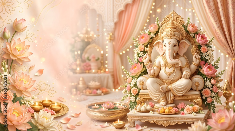 Fototapeta premium Lord Ganesha Statue with Lotus Flowers and Golden Diya Background