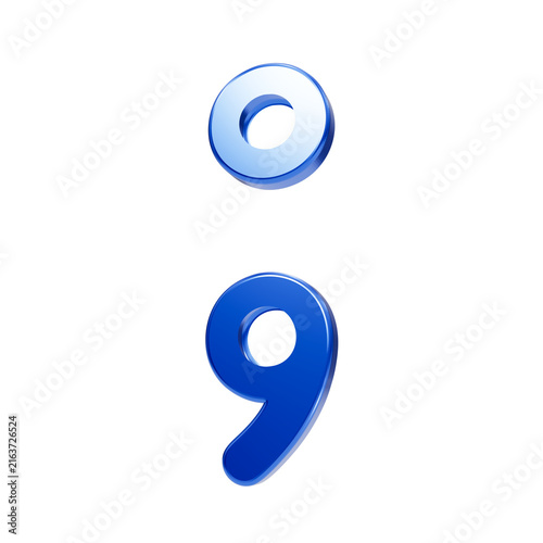 Obraz na płótnie A single glossy blue semicolon punctuation mark isolated on a black background,