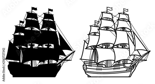 Canvas Print Sailing ship silhouettes and line art on a white background
