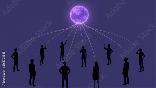 Silhouettes connect to glowing purple sphere, symbolizing unity or global connection.