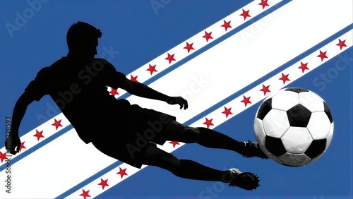 Silhouette soccer player kicks ball against Chicago flag backdrop, dynamic motion captured.