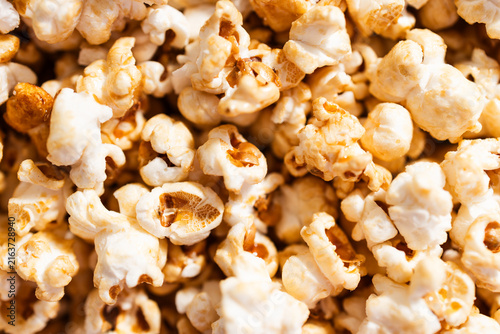 close up of freshly popped popcorn kernels as a crunchy snack