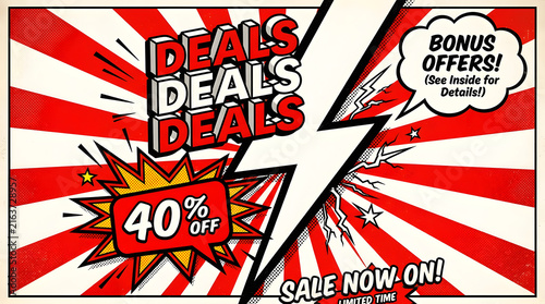 Vibrant retro discount sale poster with bold percentage offer with explosive graphic elements attract attention