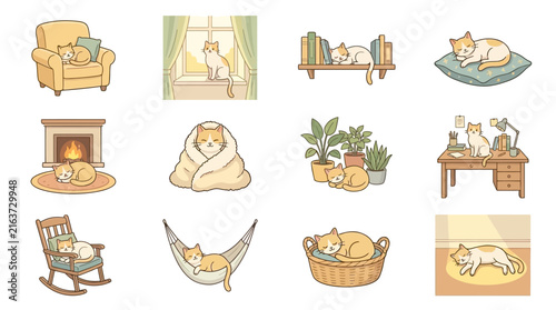 Cozy domestic cat lifestyle and sleeping kitten illustrations.