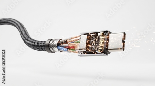 Modern USB Type-C cable shown with an internal microchip cross section emitting digital glowing particles on a white background.