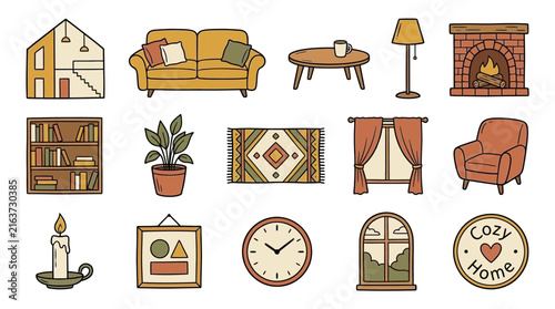 Cozy home interior furniture and decor doodle set.