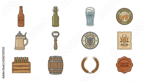 Craft beer brewery and pub beverage icon set