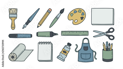 Creative art supplies and stationery icons set.