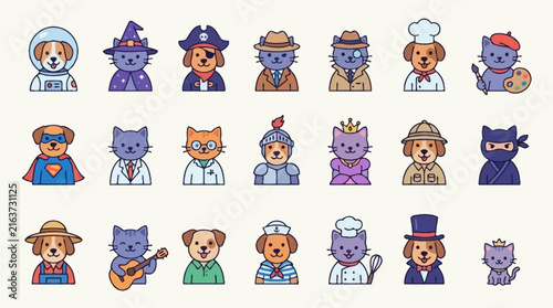 Cute cartoon animal avatars in various professional costumes.