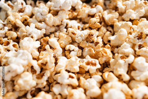 close up of freshly popped popcorn kernels as a crunchy snack