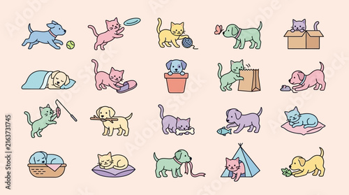 Cute domestic pets playing and resting doodle collection.