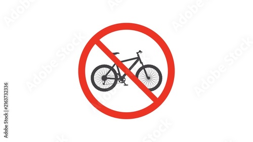 4K animation of No Bicycles Sign With Red Prohibition Symbol Over Mountain Bike Indicating Cycling Not Allowed